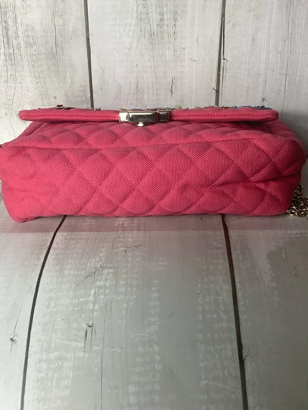 RED Valentino Quilted Hot Pink Floral-Appliqué Shoulder Bag with Gold Chain